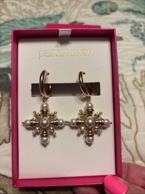 Persimmon Gold and Pearl Cross Pendant Earrings